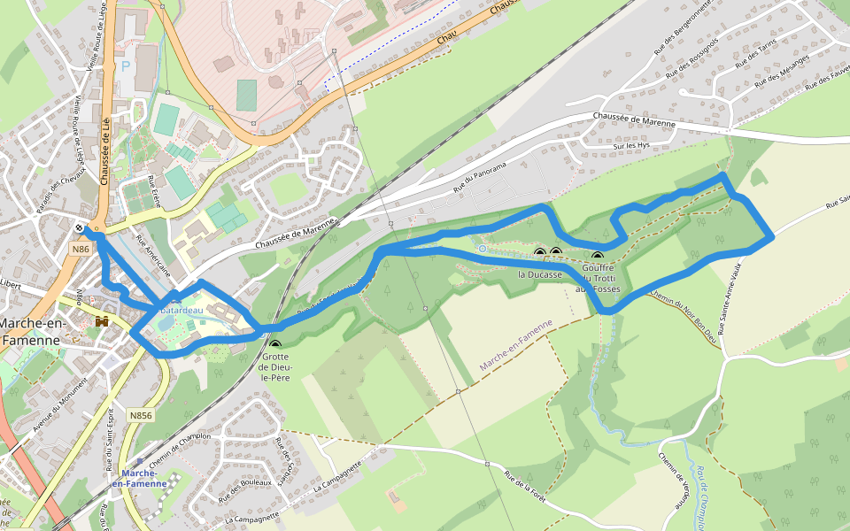 1. Promenade Ville + Fond des Vaulx walking route map in Marche-en-Famenne