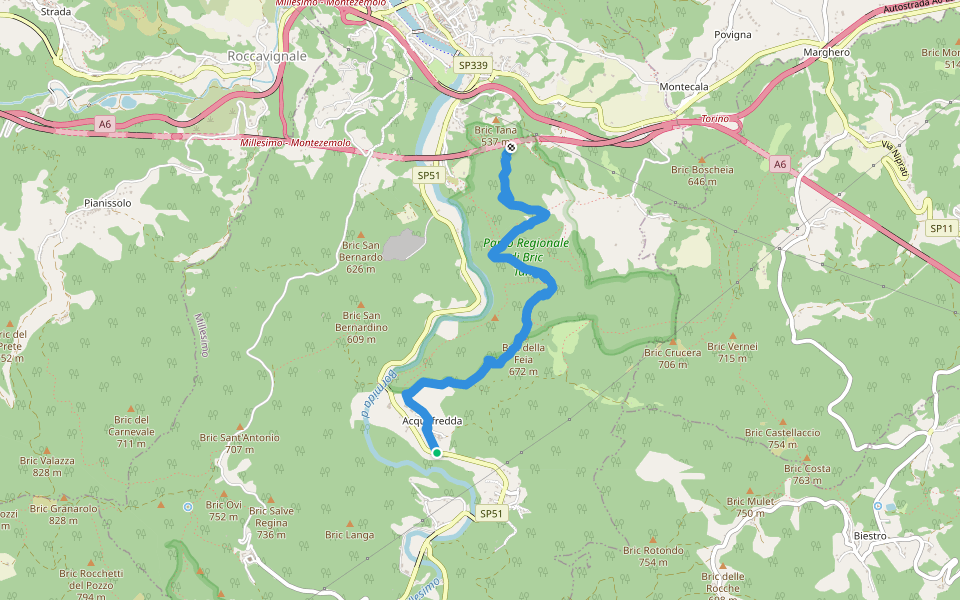 Acquafredda - Bric della Feia - Tana dell'Orpe walking route map in Acquafredda