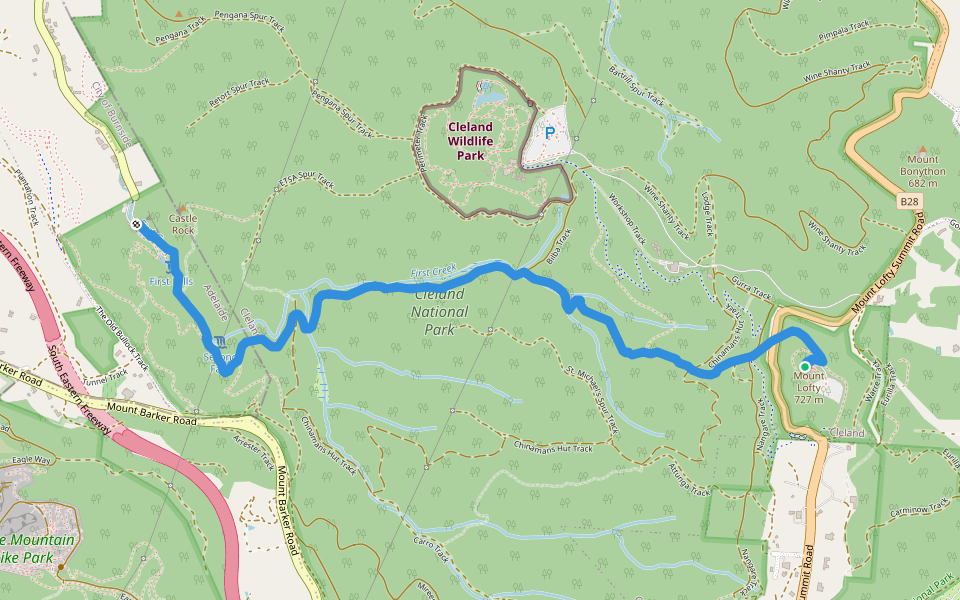 Waterfall Gully Trail walking route map in Cleland