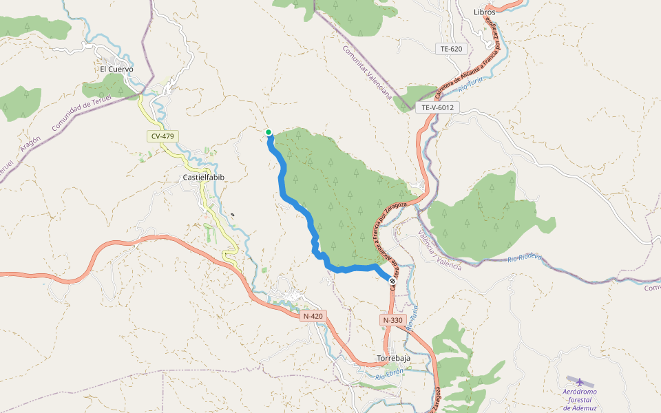 Derivación al Mas de los Mudos walking route map in Castielfabib