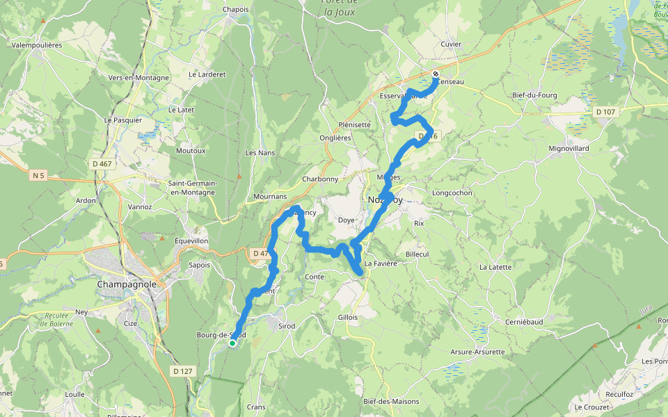 Tour du Plateau de Nozeroy walking route map in Bourg-de-Sirod