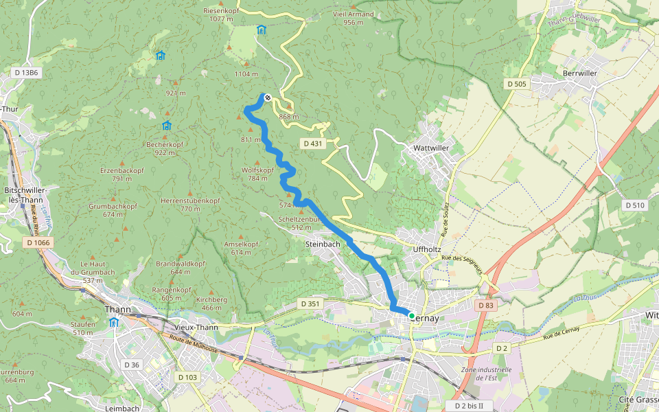 Cernay - Col de Herrenfluh Croix Bleu walking route map in Cernay