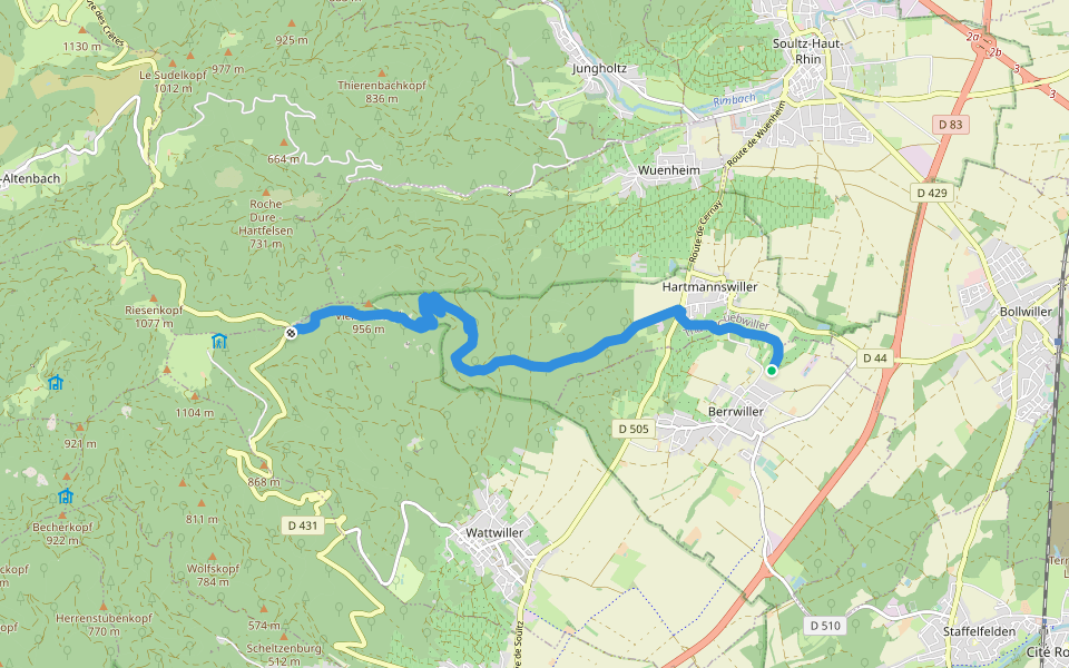 Berwiller - Mémorial Hartmannswillerkopf vers GR5 "Rouge-Blanc-Rouge" walking route map in Berrwiller