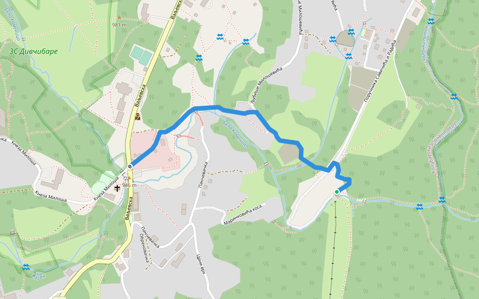Стаза до центра walking route map in Дивчибаре