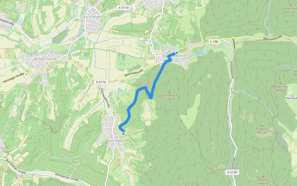 Bleichheim Hubertuswinkel - Nordweil Herrenberg walking route map in Herbolzheim