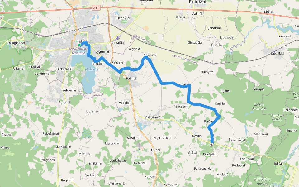 Camino Lituano Žemaitija 1 etapai: Telšiai - Pakapiai walking route map in Telšiai