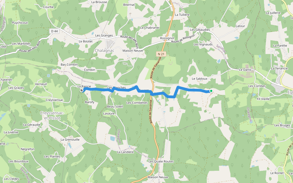 Liaison Creyssenssac et Pissot - Eglise Neuve de Vergt walking route map in Chalagnac