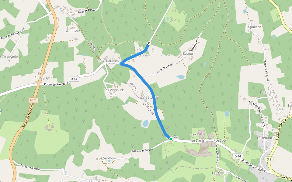 Liaison Eglise Neuve de Vergt - Notre Dame de Sanilhac walking route map in Église-Neuve-de-Vergt