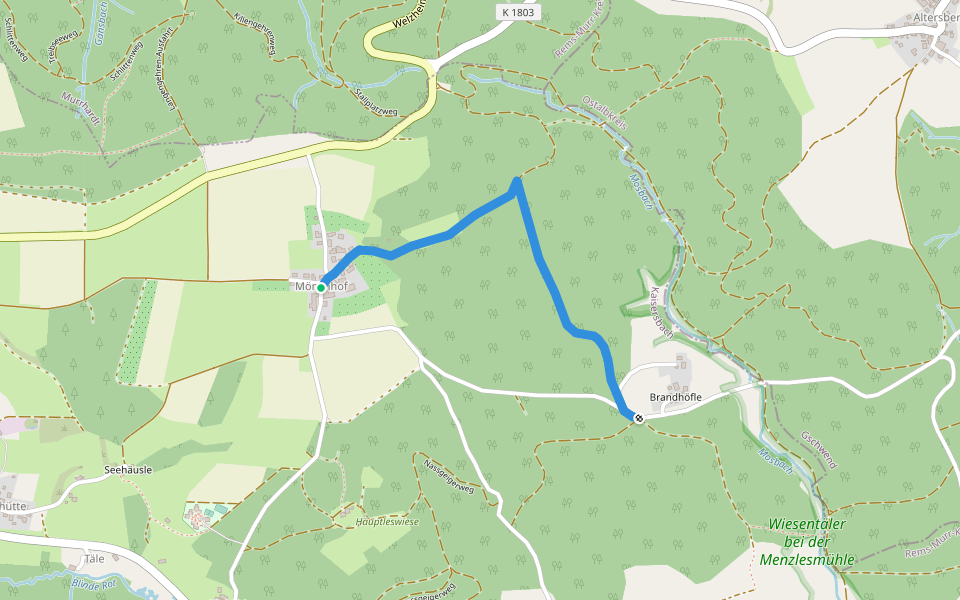 Querlinie des SAV (blauer Punkt) walking route map in Kaisersbach