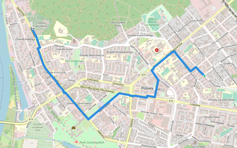 2 Pułku Saperów Kaniowskich walking route map in Puławy