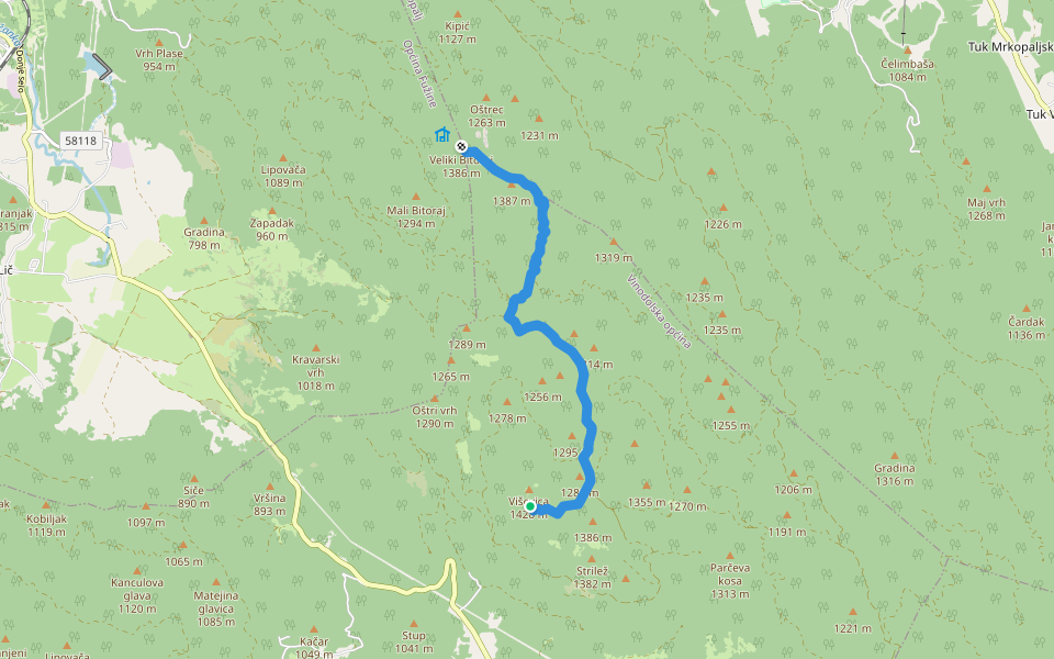 Bitoraj - Viševica walking route map in Bribir