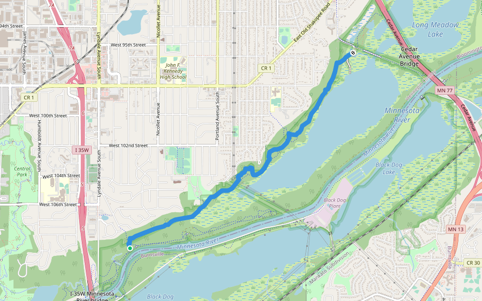 Bluff Trail walking route map in Bloomington