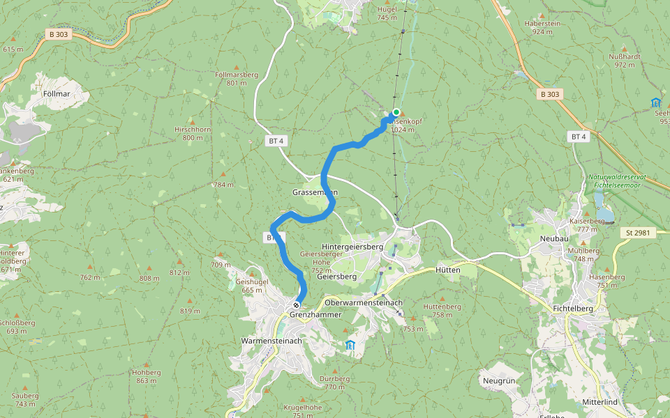Verbindungsweg Warmensteinach-Ochsenkopf walking route map in Bischofsgrüner Forst