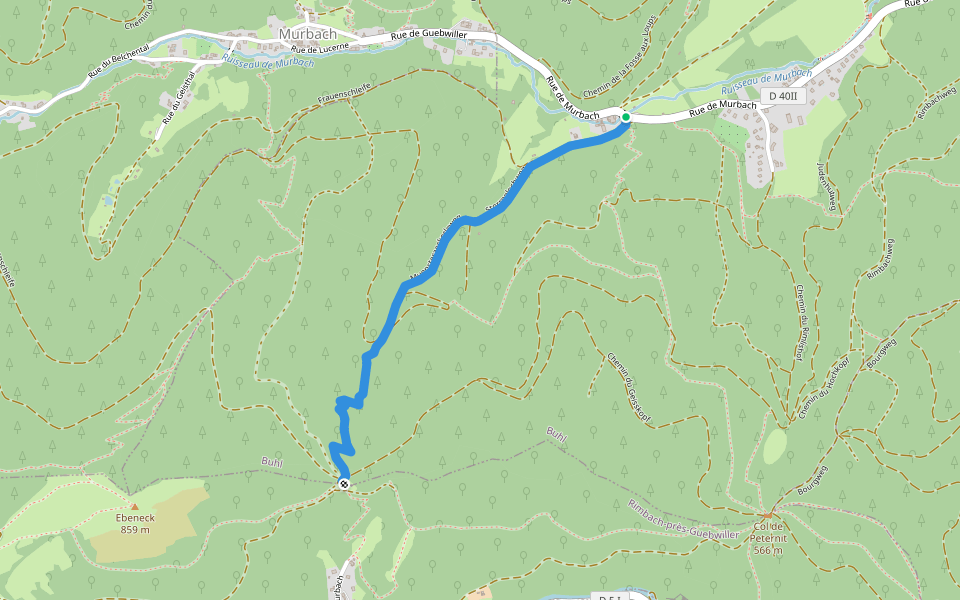 Pont St Barnabé - Munsteraeckerle Disque rouge walking route map in Buhl