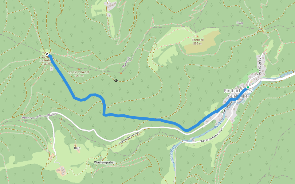Rimbach près Guebwiller - Col de Judenhut "Rouge-blanc-rouge" walking route map in Rimbach-prés-Guebwiller