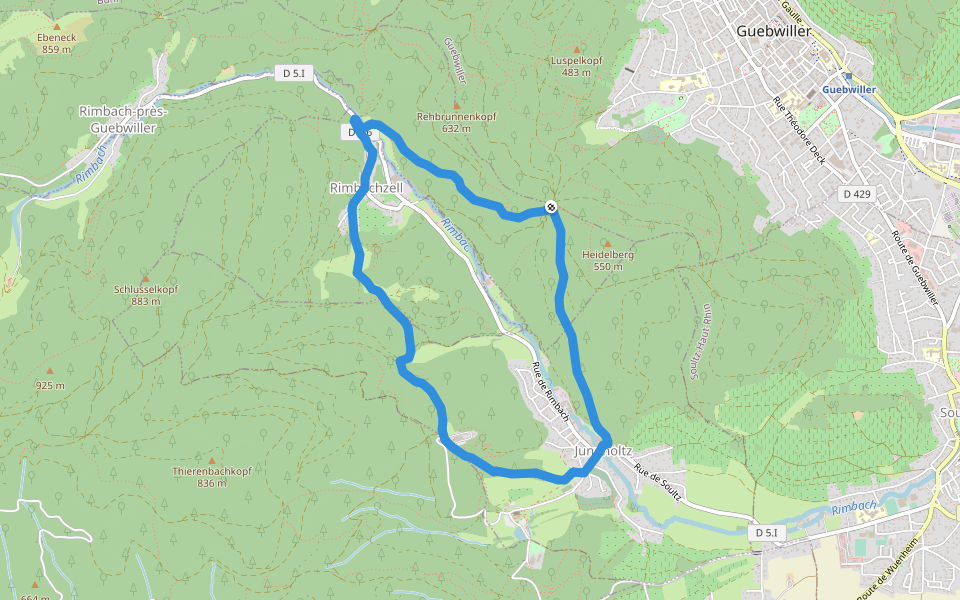 Circuit Jungholz - Rimbachzell Triangle jaune walking route map in Guebwiller