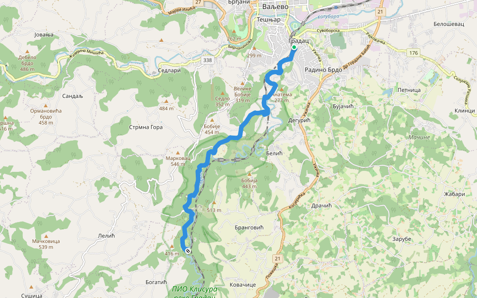 Клисура реке Градац walking route map in Valjevo