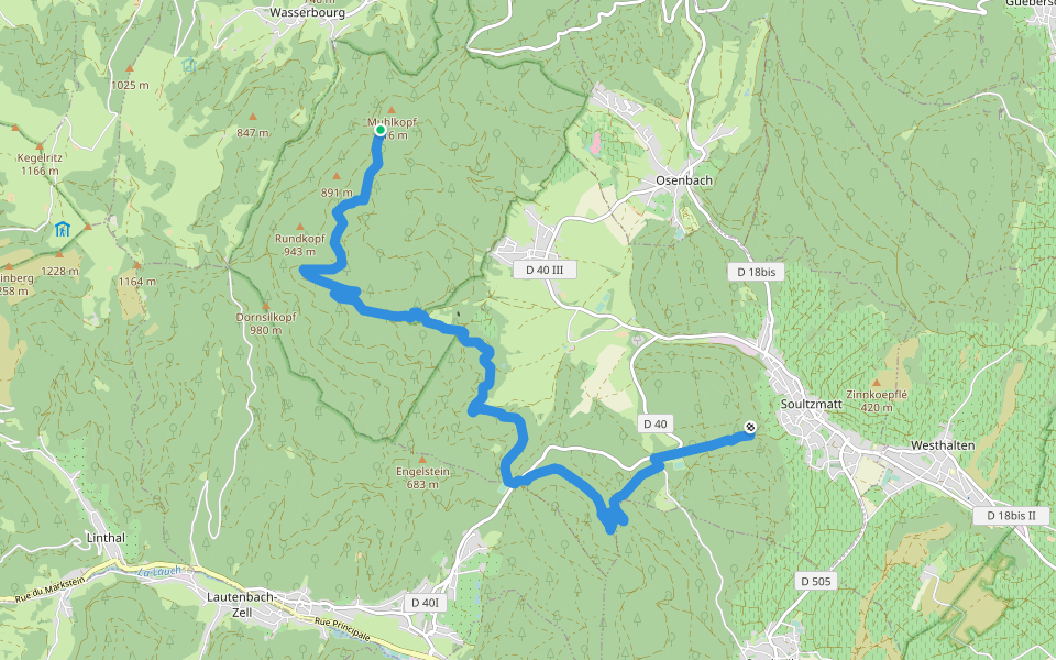 Soultzmatt - Hirtzenstein Vers GR 532 Triangle bleu walking route map in Rouffach