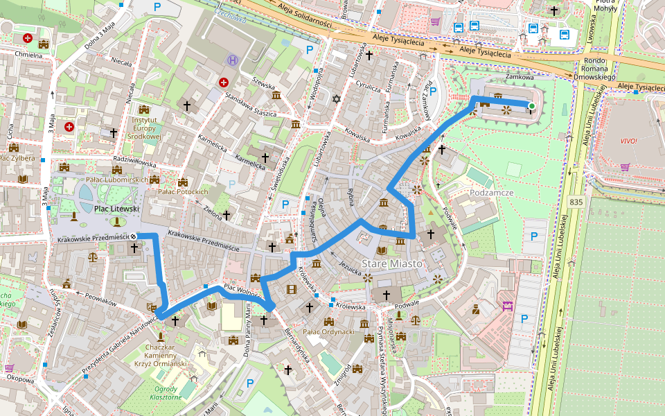 Jagielloński Szlak Unii Lubelskiej walking route map in Lublin