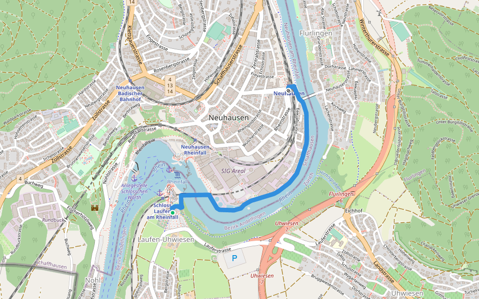 Laufen Rheinfall - Neuhausen SBB walking route map in Dachsen