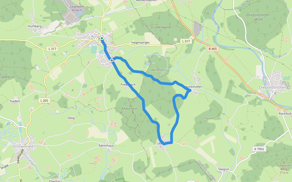 Von Arnach nach Übendorf walking route map in Bad Wurzach