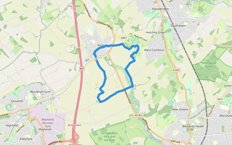 Ver Valley Walk 4 walking route map in Redbourn