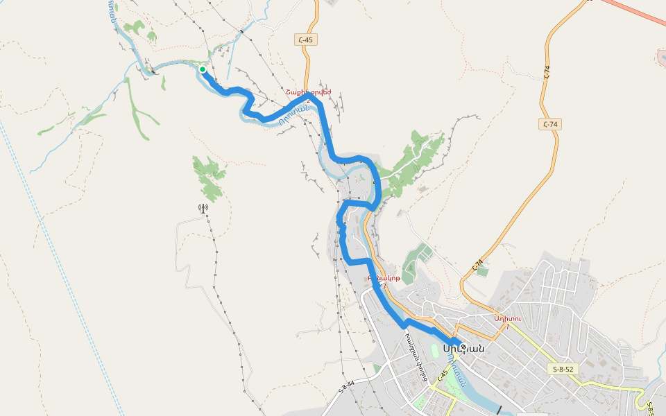 Shaki Waterfall – Sisian walking route map in Shaki