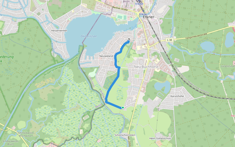 Wanderweg am Bretterschen Graben walking route map in Erkner
