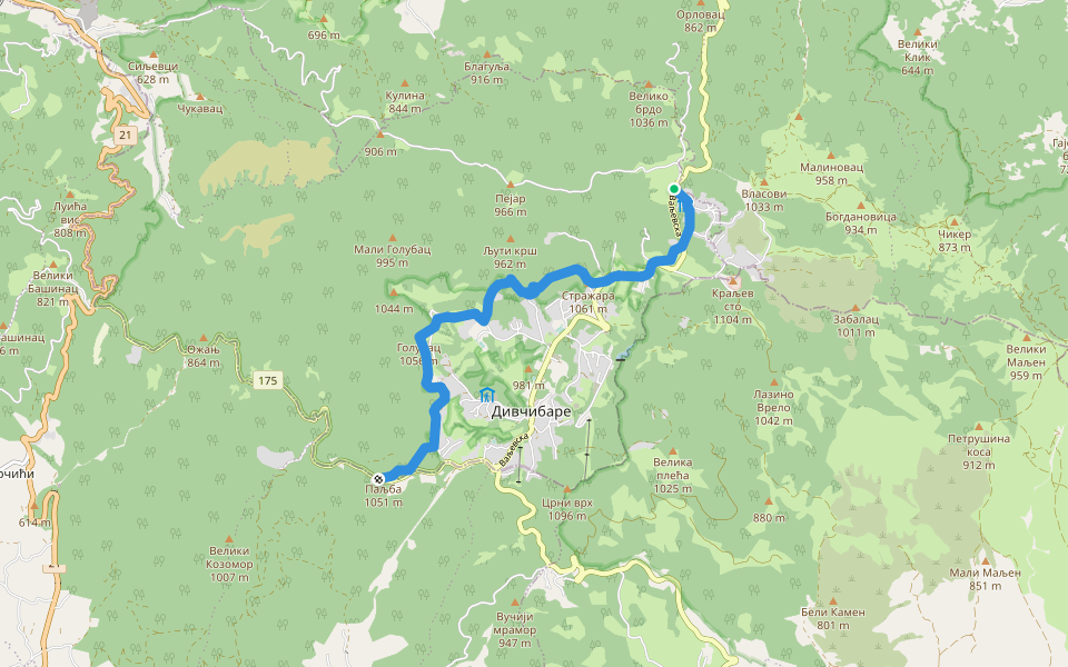 Планинарски дом „На Пољанама” - Паљба walking route map in Осеченица