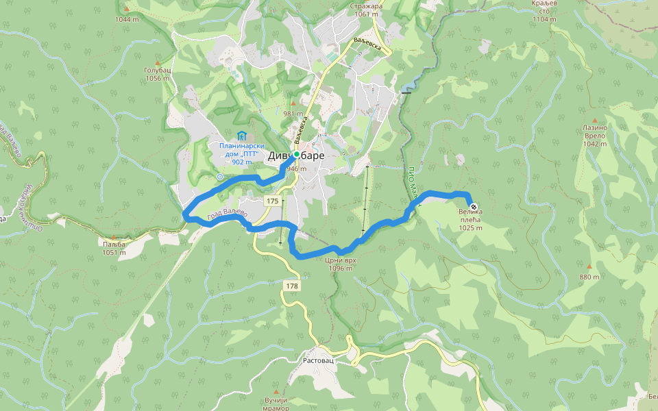 Дивчибаре центар - Велика Плећа walking route map in Дивчибаре