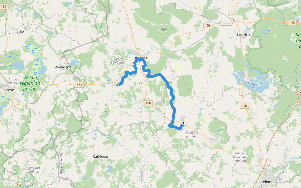 Camino Lituano Žemaitija 5 etapai: Kolainiai - Vaiguva walking route map in Kolainiai