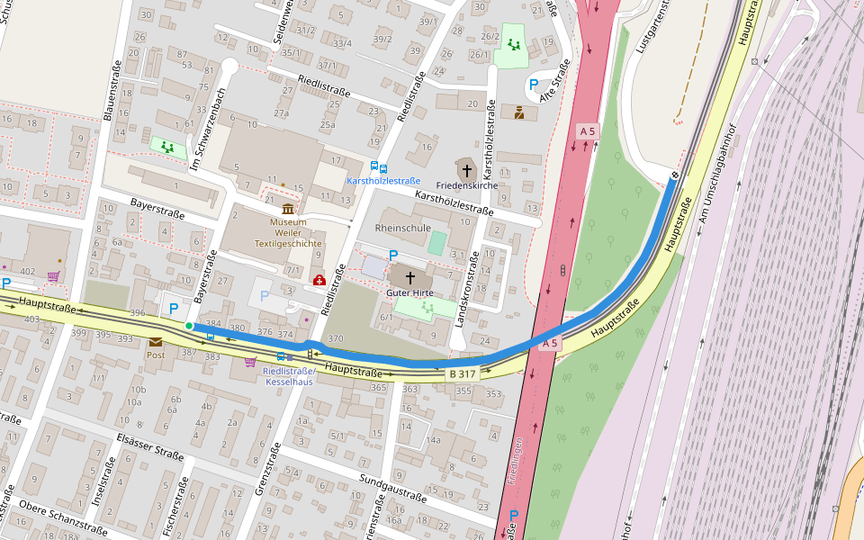Friedlingen Mitte - Weil am Rhein Friedensbrücke walking route map in Weil am Rhein