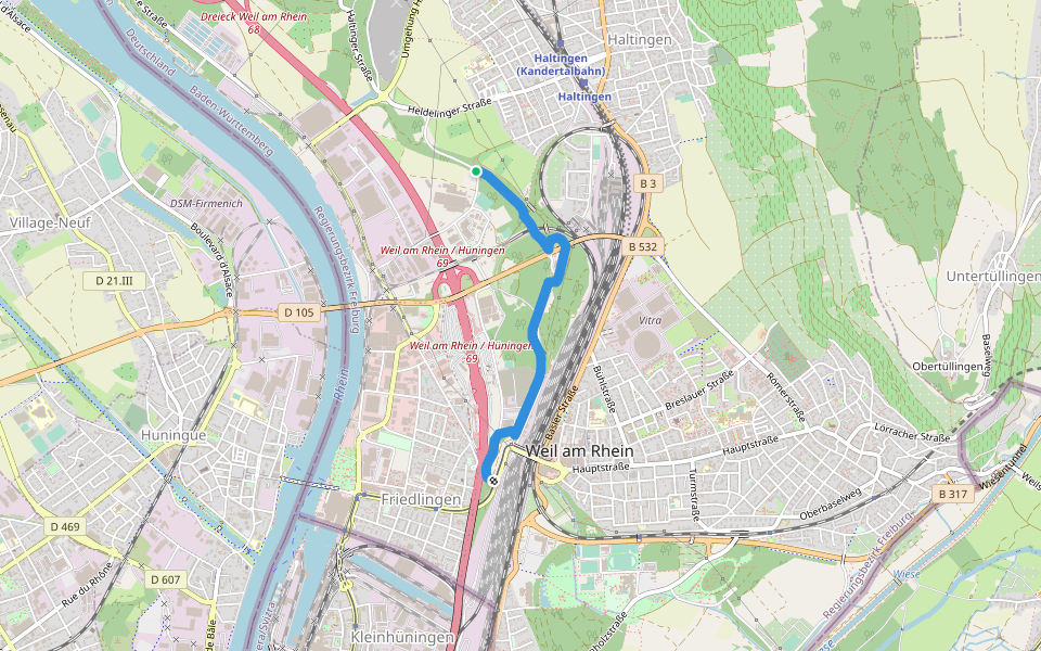 Krebsbachtal - Weil am Rhein Friedensbrücke walking route map in Weil am Rhein