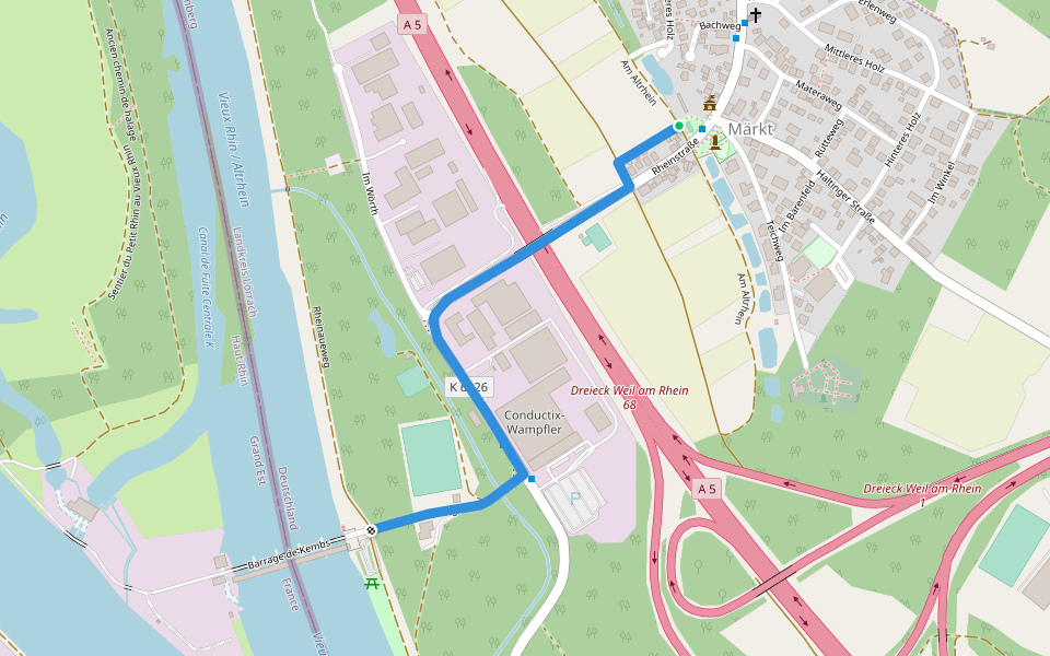 Märkt Rathaus - Stauwehr Märkt walking route map in Weil am Rhein