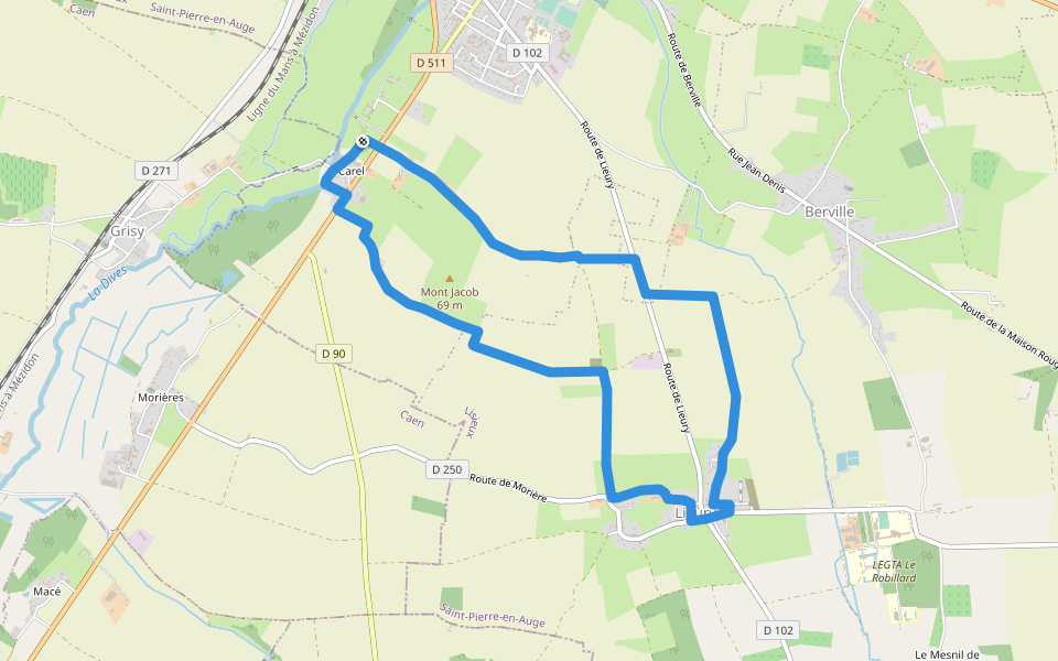 De Carel à Lieury walking route map in Saint-Pierre-en-Auge