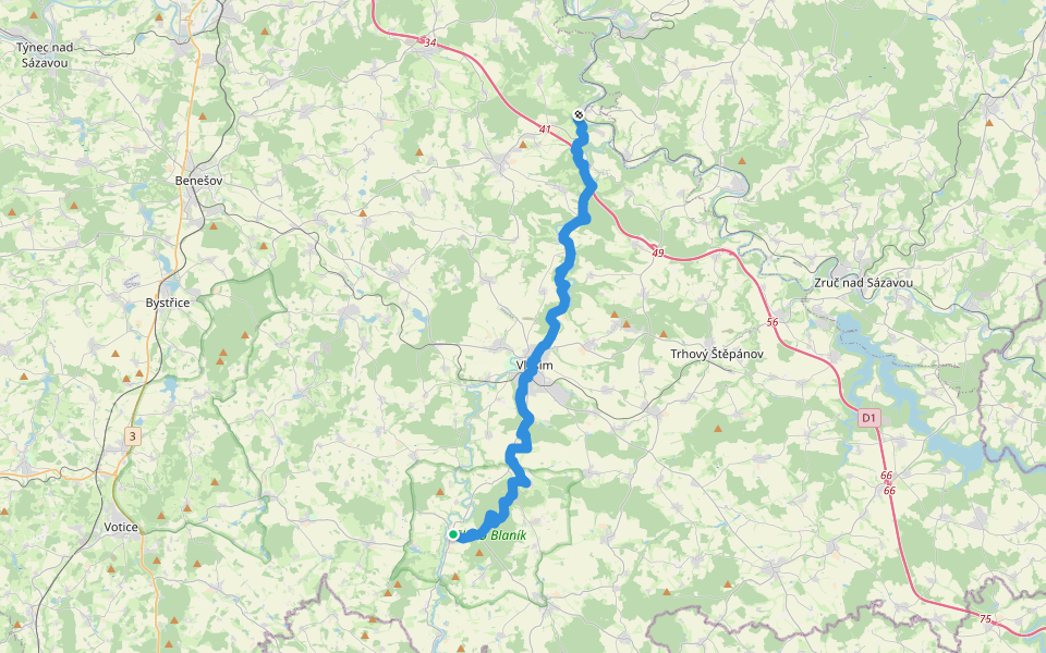 Blaník - Říp - etapa 1: Louňovice pod Blaníkem - Český Šternberk walking route map in Louňovice pod Blaníkem