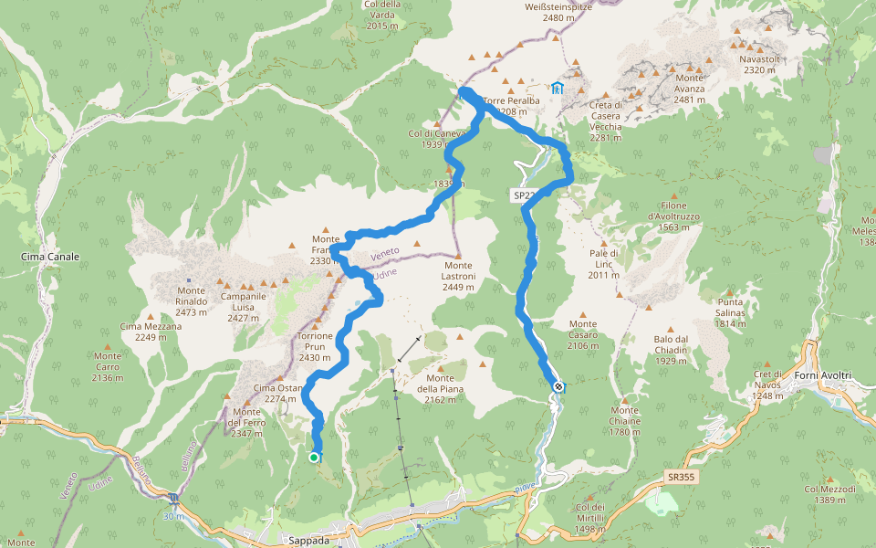 Sent. dei tre paesi Julius Kugy in 30 tappe - Estensione E 24B walking route map in Sappada