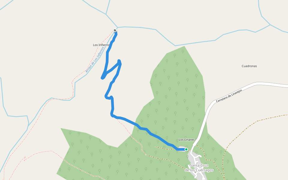 Sendero Valle de los infiernos walking route map in Santa Cruz de los Cuérragos