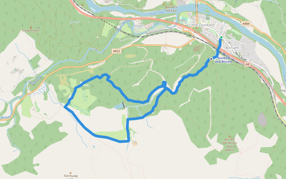 Inchewan Path walking route map in Birnam