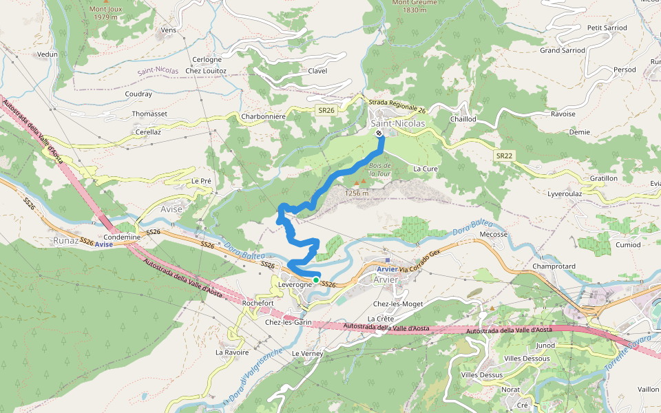 Leverogne - Relais de la television - Saint-Nicolas walking route map in Arvier
