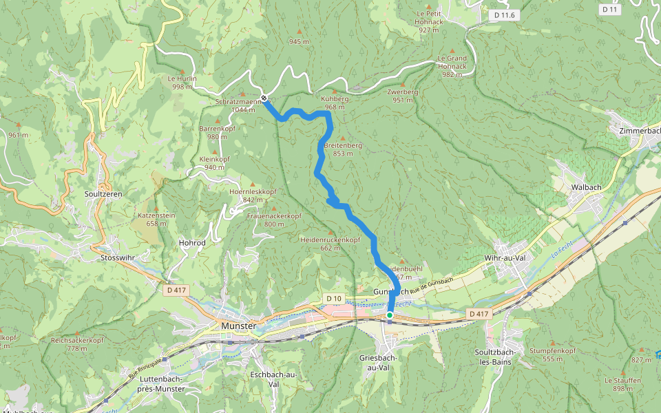 Muehlele - Cim.milit.Allemand   Croix rouge walking route map in Gunsbach