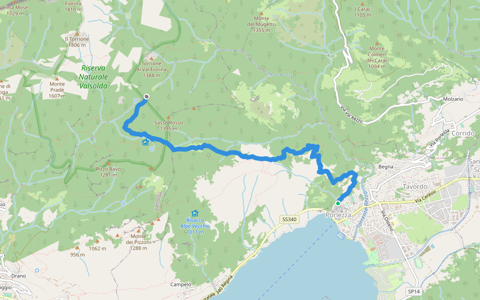 Porlezza-Sasso Rosso walking route map in Porlezza