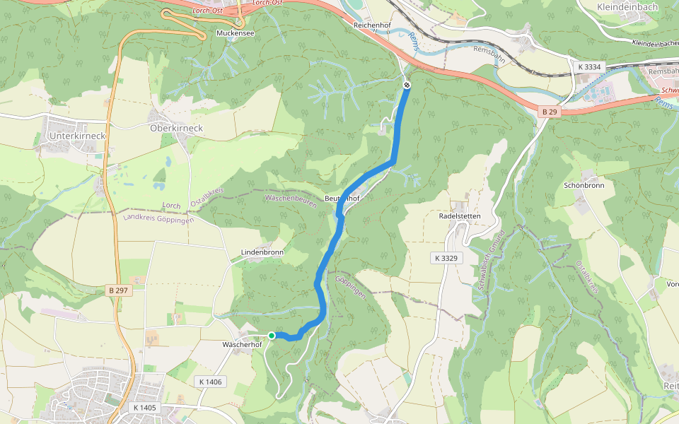 Blaues Kreuz: Wäscherschloss-Beutenhof walking route map in Wäschenbeuren