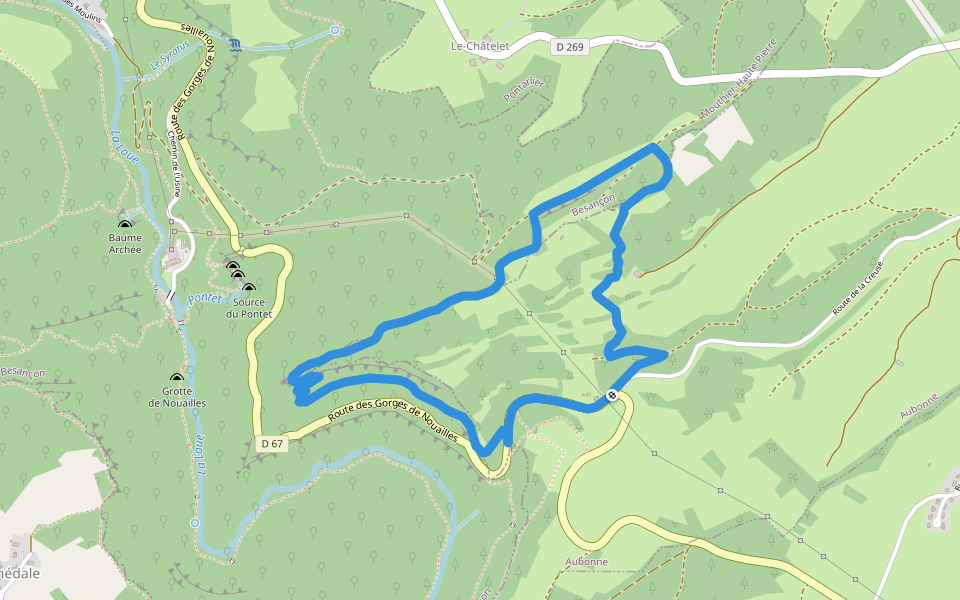 Les Aiguillons de Brasse walking route map in Mouthier-Haute-Pierre