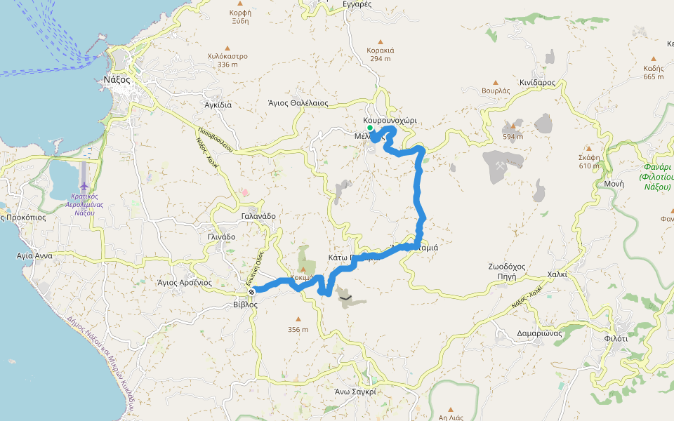 6 - Μέλανες (Άγιοι Απόστολοι) – Κουρνοχώρι – Μύλοι – Φλεριό – Άνω, Μέση, Κάτω Ποταμιά – Επισκοπή (Άγ. Μάμας) – Μητροπόλου – Βίβλος (Τρίποδες) walking route map in Melanes