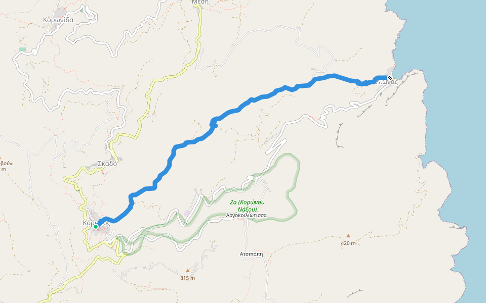 10 - Κόρωνος – Τοιχειό – Καλαμαύκα – Άβδελη (Παναγία Αβδελιώτισσα) – Λυώνας walking route map in Koronos