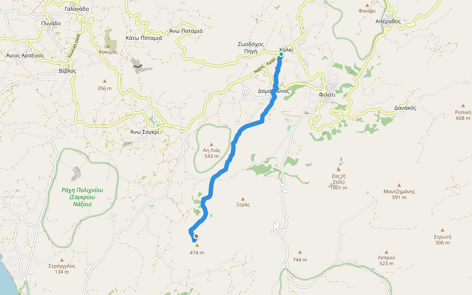 16 - Τραγαία (Χαλκί) – Άγιος Γεώργιος – Δαμαριώνας – Πηγή Μερσινού – Παναγία στη Σπηλιά – Ξερόκαμπος – Κάστρο Απαλύρου walking route map in Chalkio