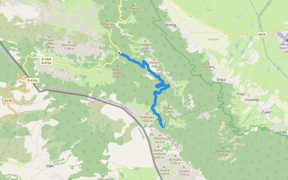Planinska staza od prijevoja Vaganj - Gola kosa - planinarsko sklonište u Kurtagića dolcu walking route map in Podgradina