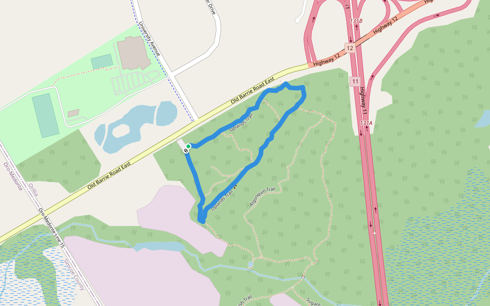 Uplands Trail walking route map in Orillia