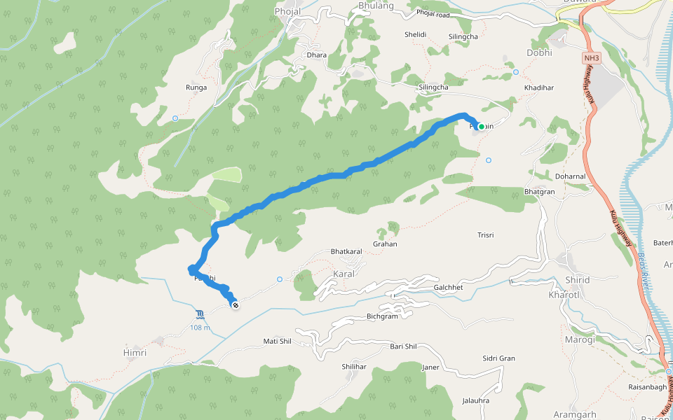 Phalain to Parbhi walking route map in Mandalgarh